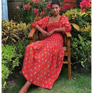 RHODE Orange Floral Smocked Harper Resort Midi Dress sz S